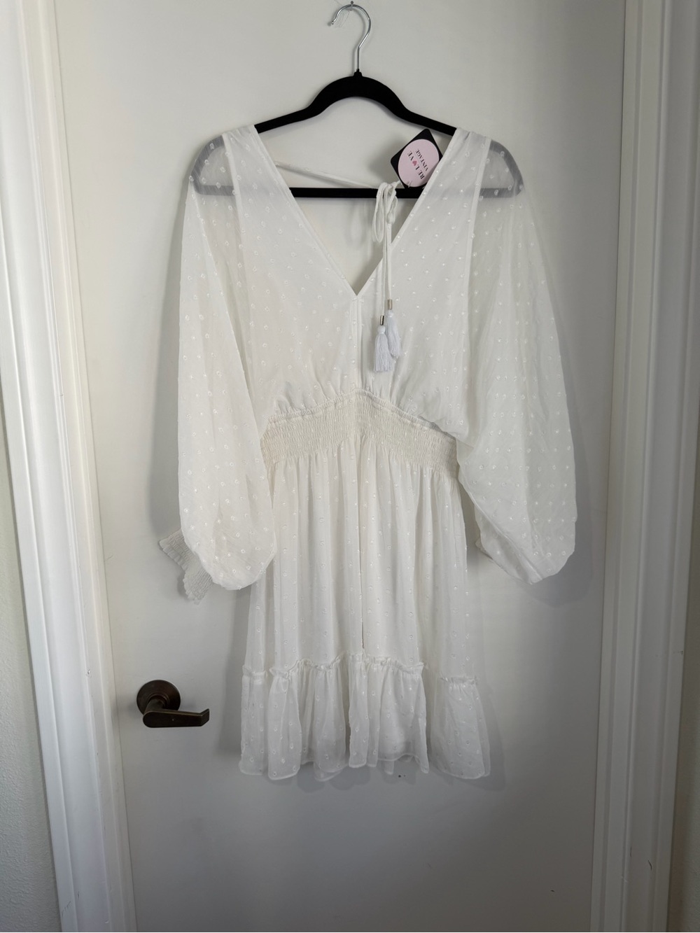 lovestitch White Swiss Dot V-Neck Mini Dress with Tassel Tie NWOT